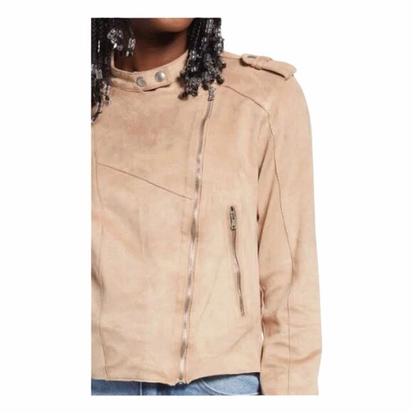 BLANKNYC Faux Suede Moto Bomber Jacket Sand Dune Tan Long Sleeve Zip-Up L - Picture 2 of 13